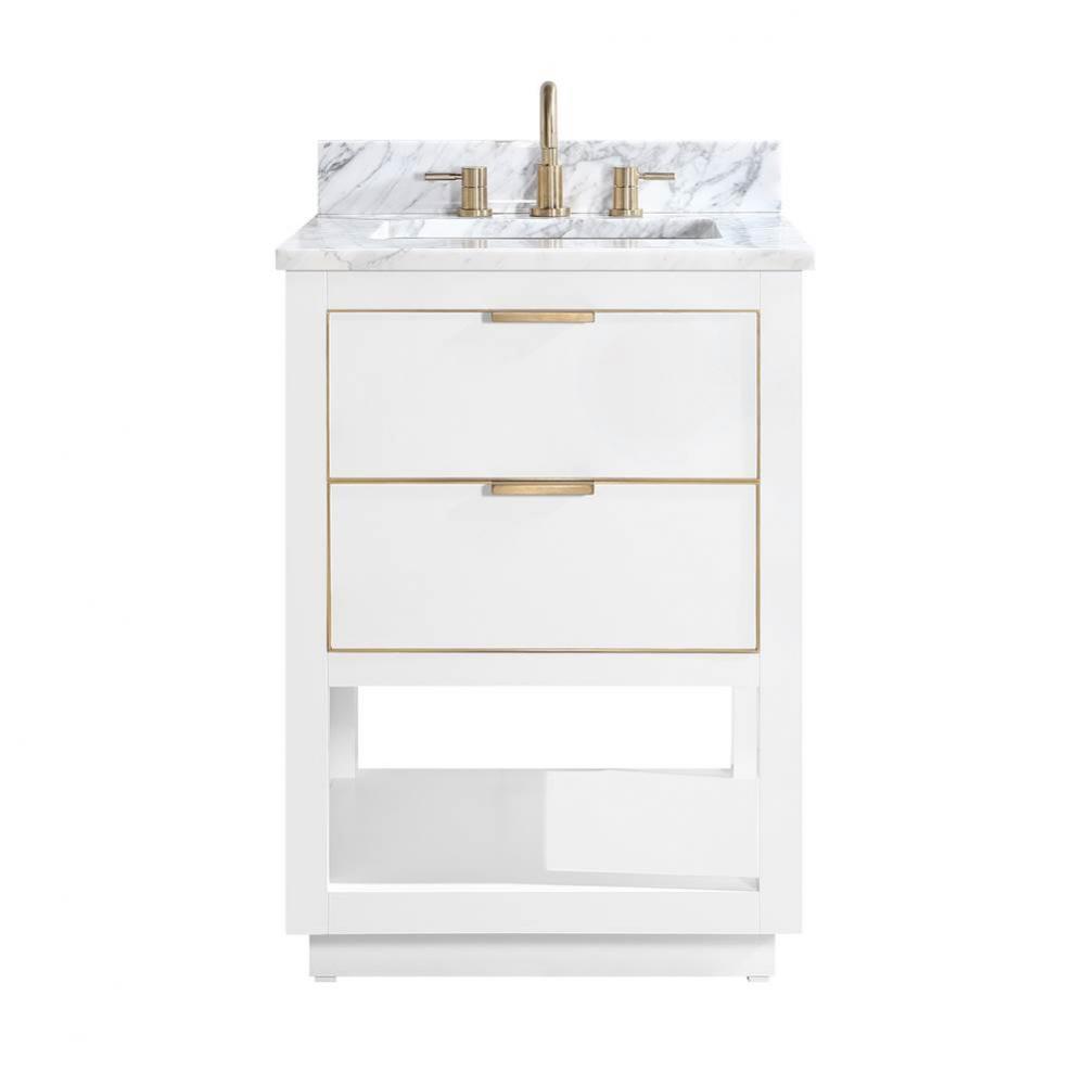 Avanity Allie 25 in. Vanity Combo in White with Gold Trim and Carrara White Marble Top