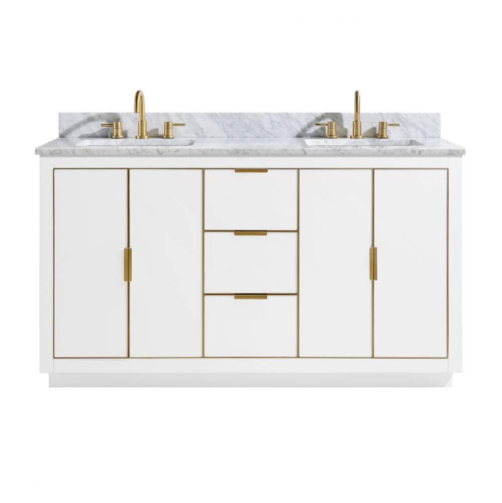 Avanity Austen 61 in. Vanity Combo in White with Gold Trim and Carrara White Marble Top