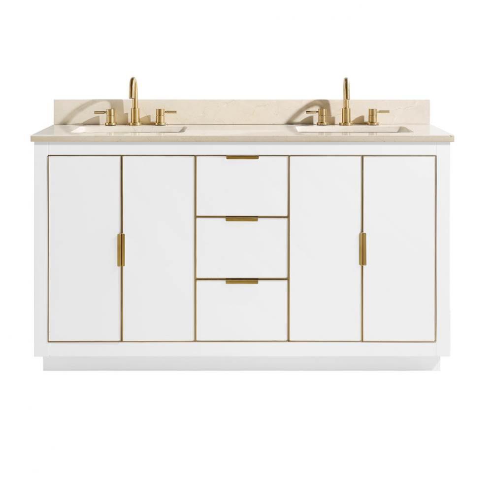 Avanity Austen 61 in. Vanity Combo in White with Gold Trim and Crema Marfil Marble Top