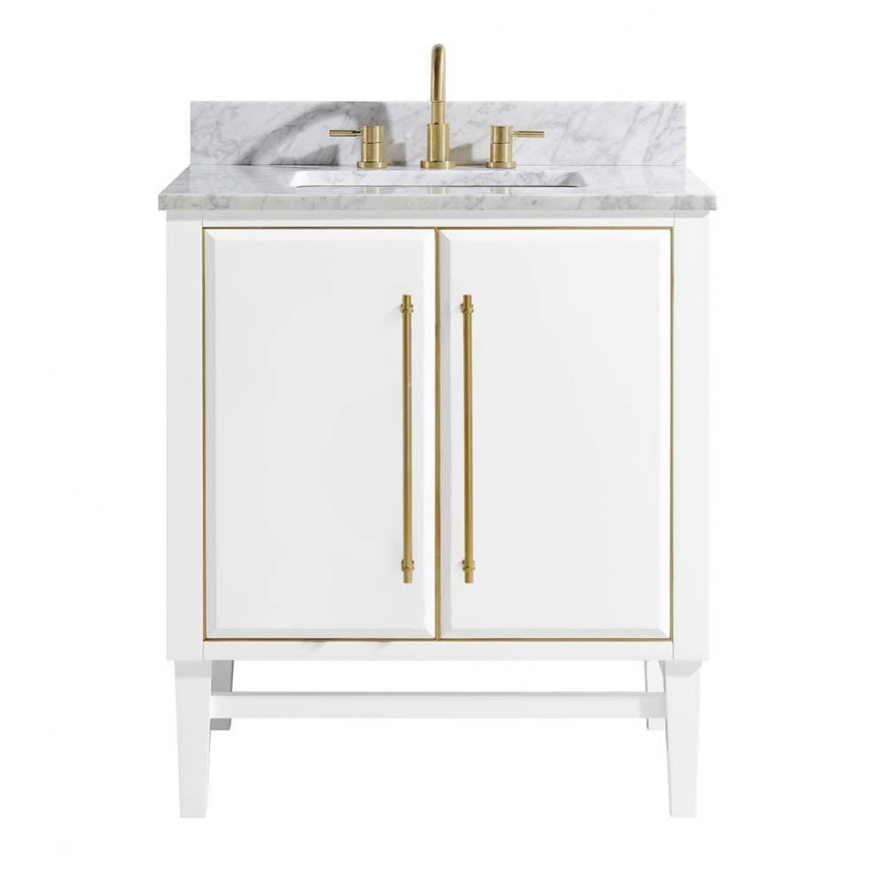 Avanity Mason 31 in. Vanity Combo in White with Gold Trim and Carrara White Marble Top