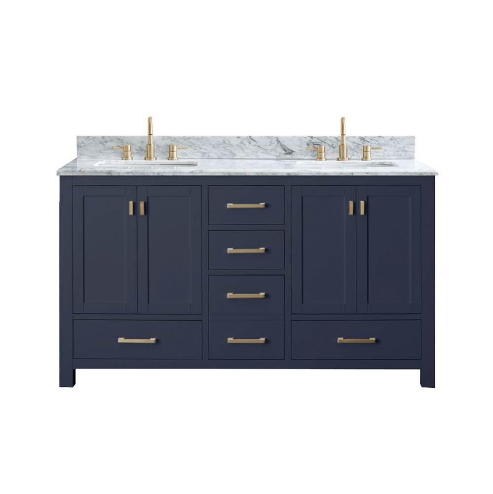 Avanity Modero 61 in. Double Vanity in Navy Blue with Carrara White Marble Top