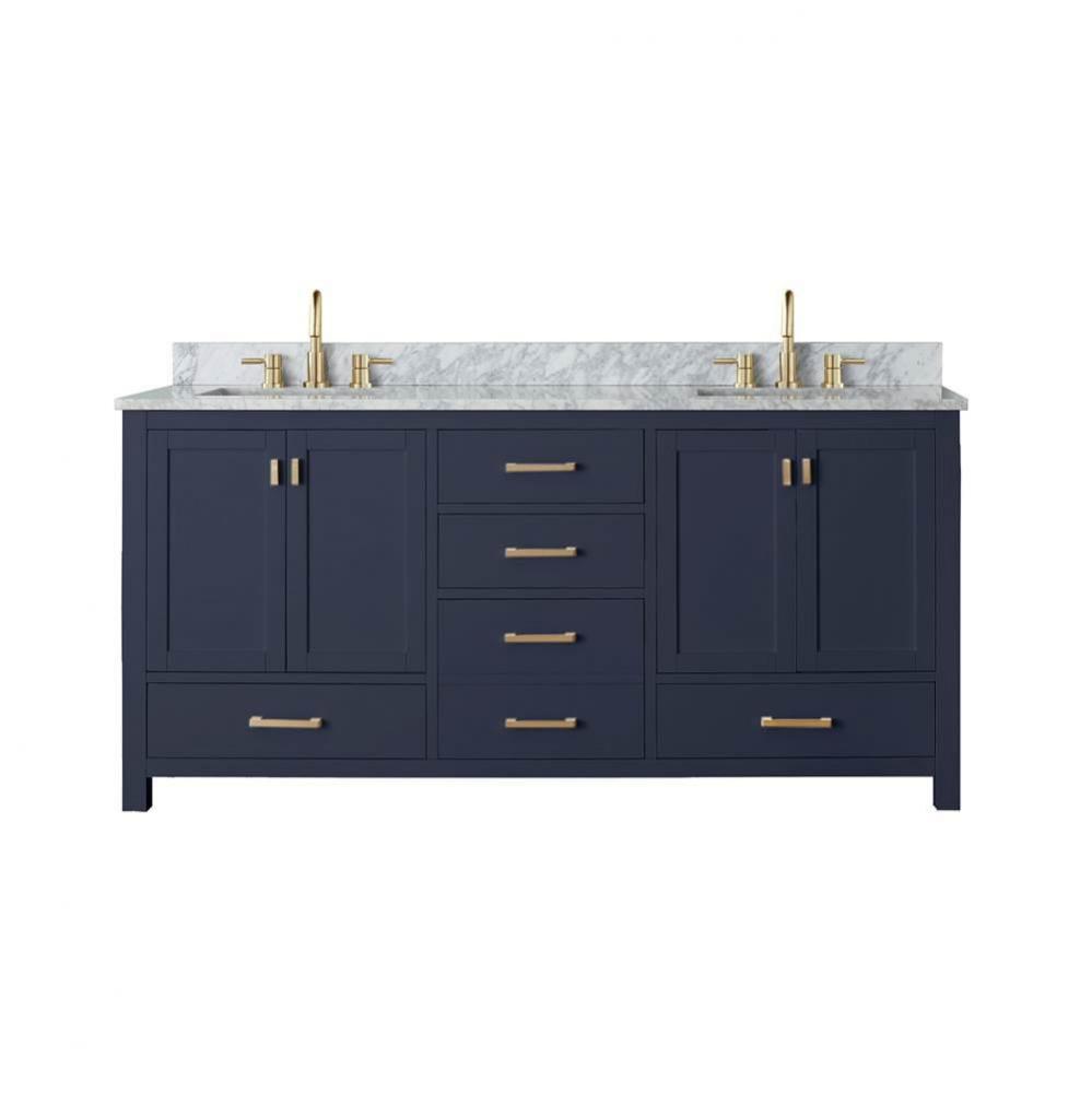 Avanity Modero 73 in. Double Vanity in Navy Blue with Carrara White Marble Top