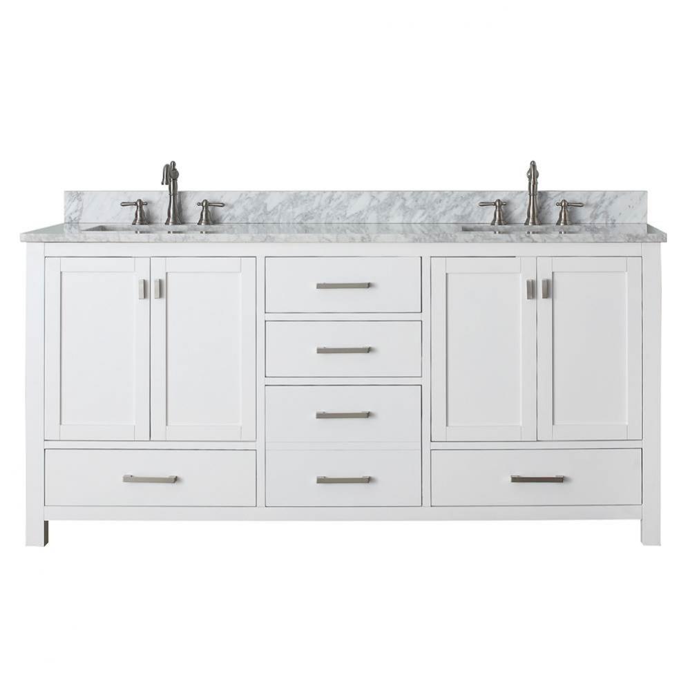 Avanity Modero 73 in. Double Vanity in White finish with Carrara White Marble Top