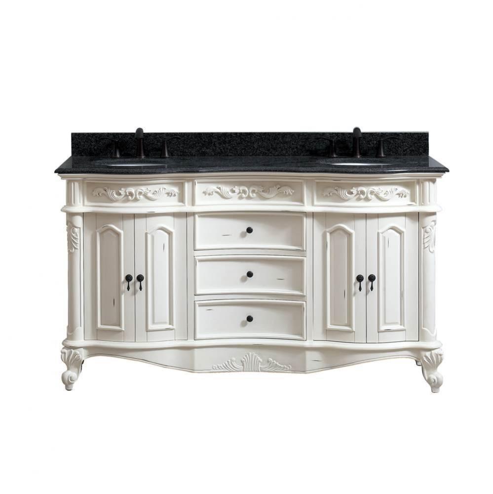 Avanity Provence 61 in. Double Vanity in Antique White finish with Impala Black Granite Top