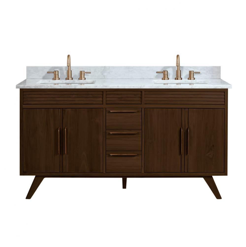 Avanity Taylor 61 in. Vanity Combo in Brown Teak with Carrara White Marble Top