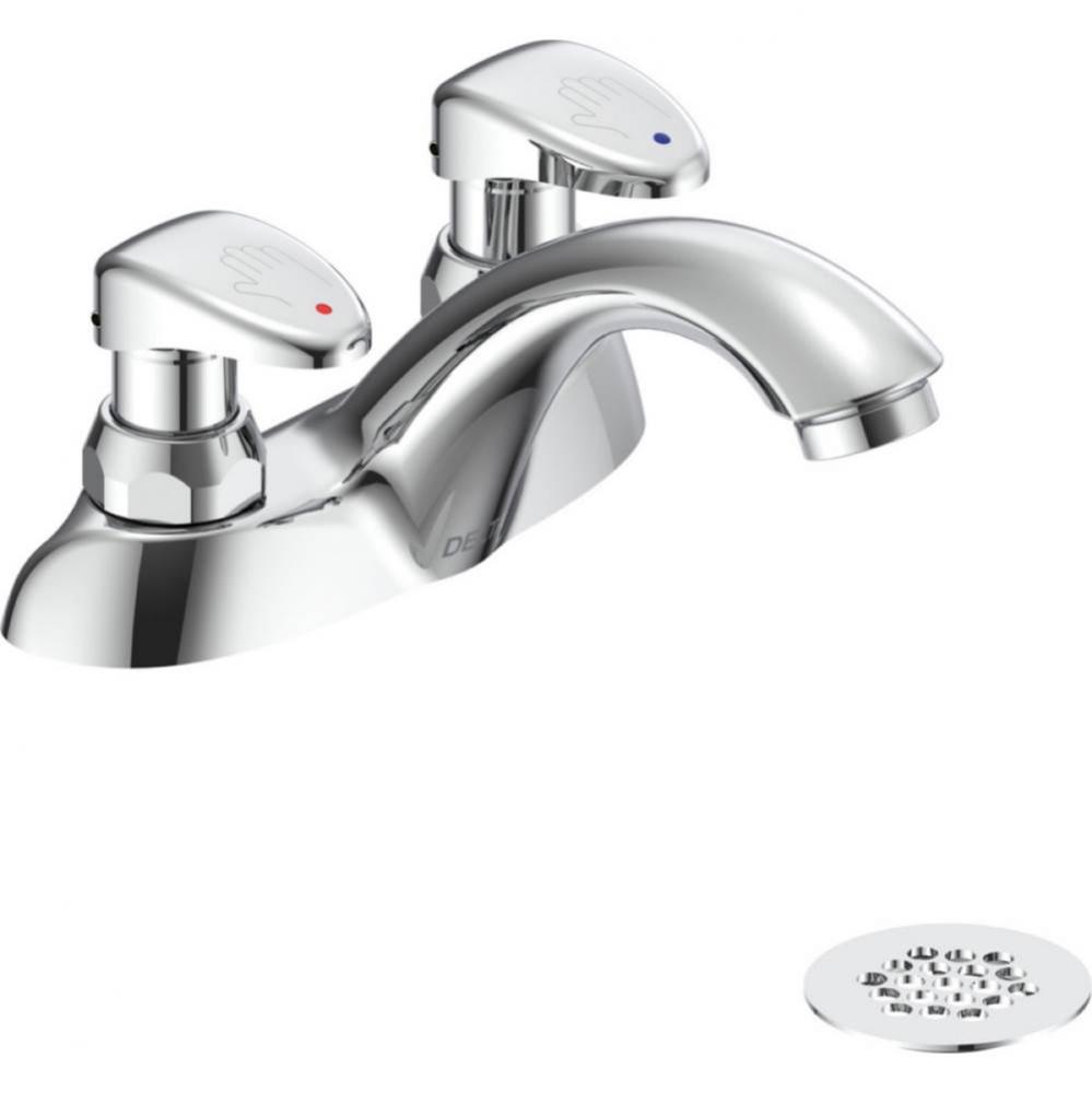 Commercial 86T: Two Handle Metering Slow-Close Centerset Bathroom Faucet