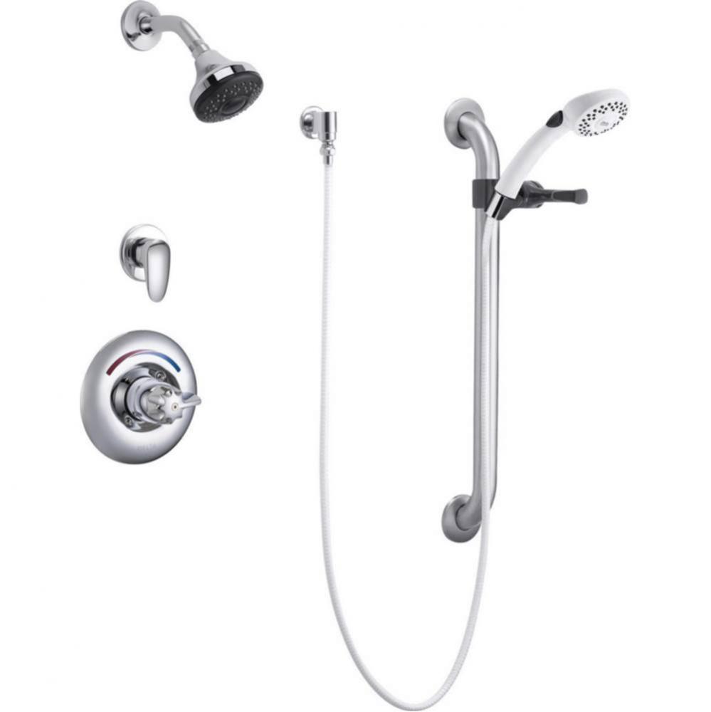 Commercial T13H: Universal Dual Shower Trim, Diverter, Hand Shower, and Grab Bar