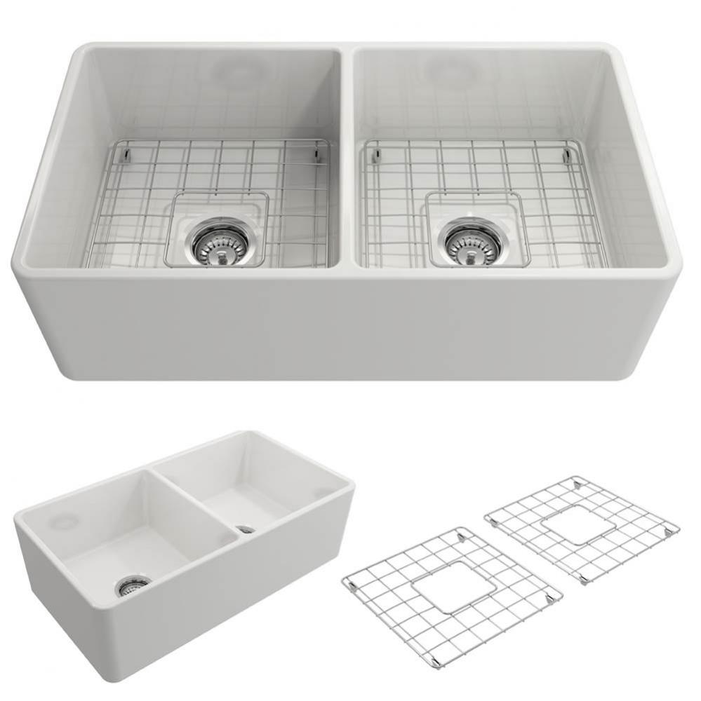 Classico Farmhouse Apron Front Fireclay 33 in. Double Bowl Kitchen Sink with Protective Bottom Gri