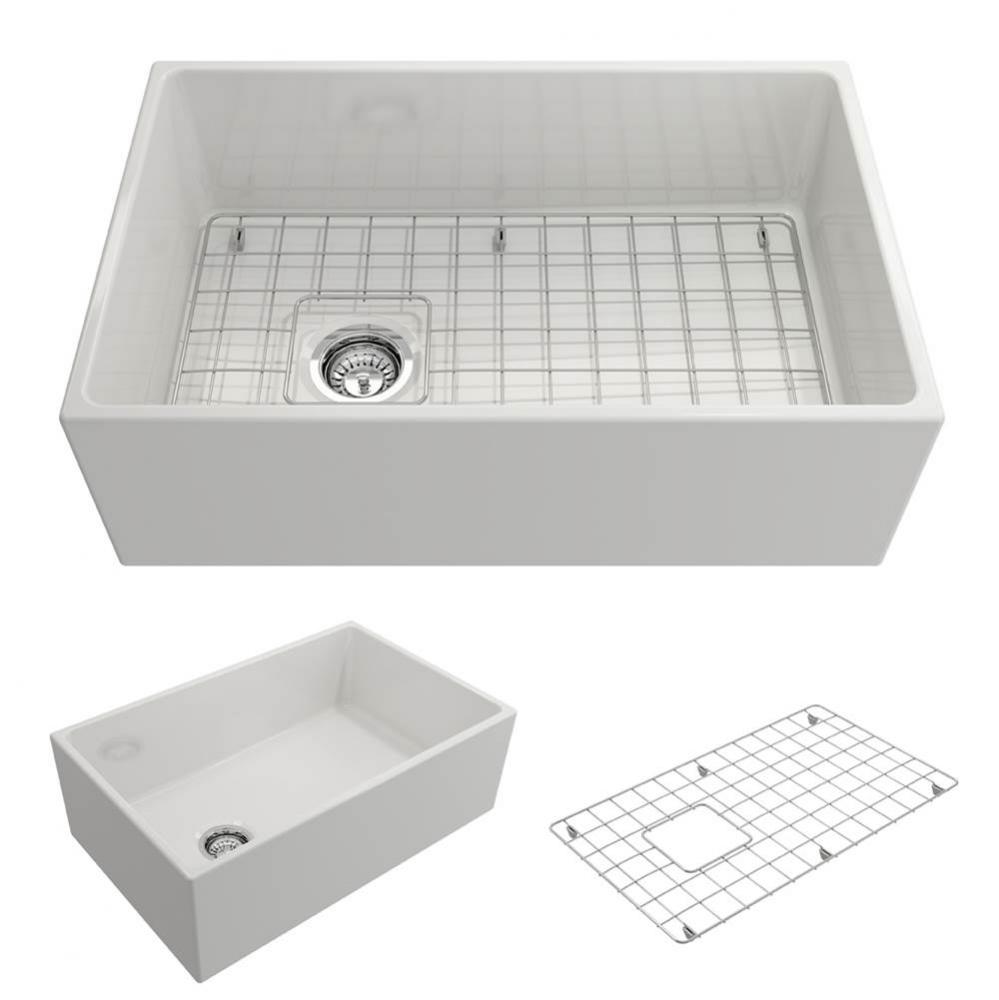 Contempo Apron Front Fireclay 30 in. Single Bowl Kitchen Sink with Protective Bottom Grid and Stra