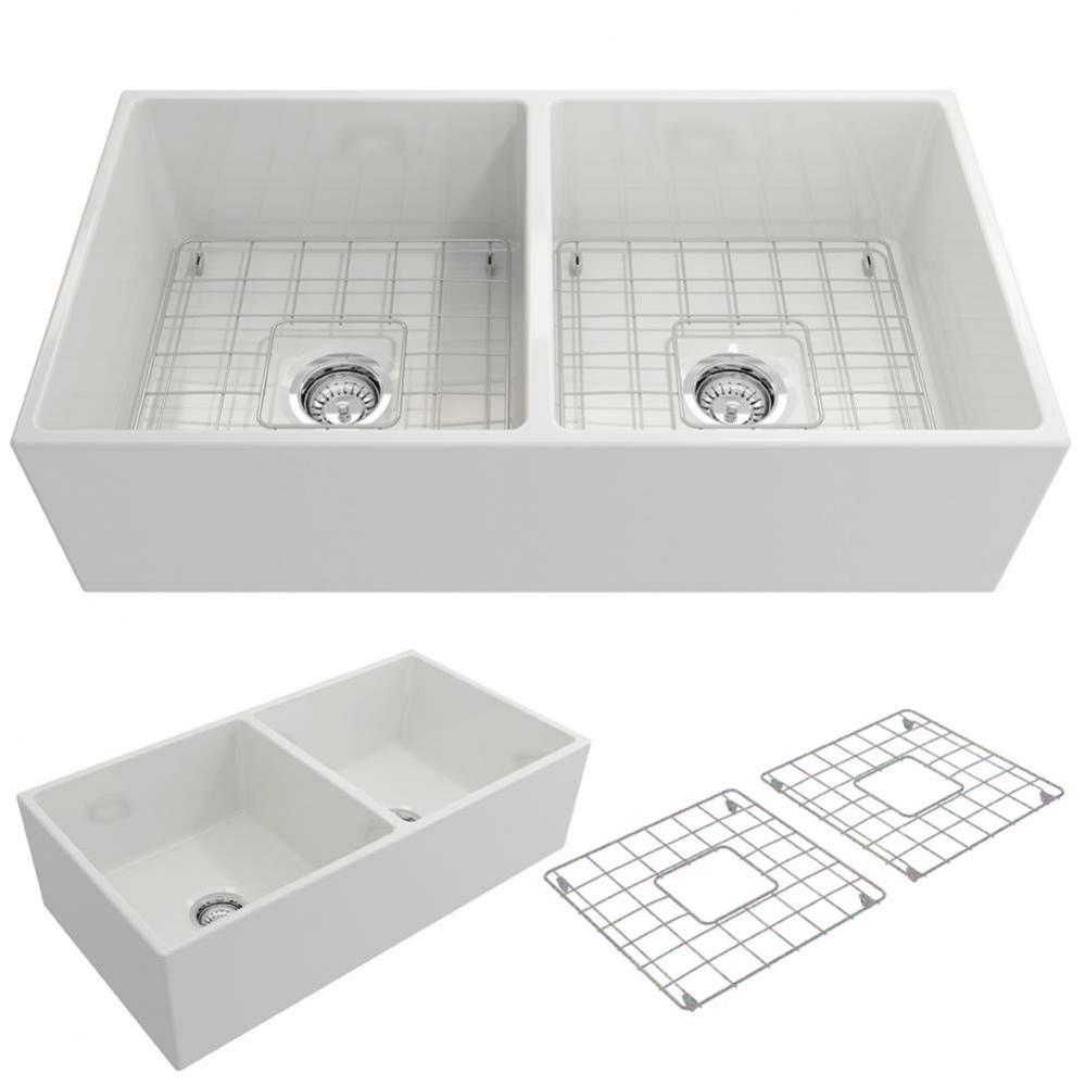 Contempo Apron Front Fireclay 36 in. Double Bowl Kitchen Sink with Protective Bottom Grids and Str