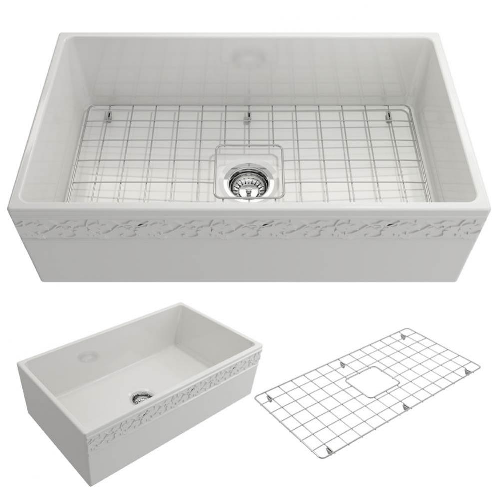 Vigneto Apron Front Fireclay 33 in. Single Bowl Kitchen Sink with Protective Bottom Grid and Strai