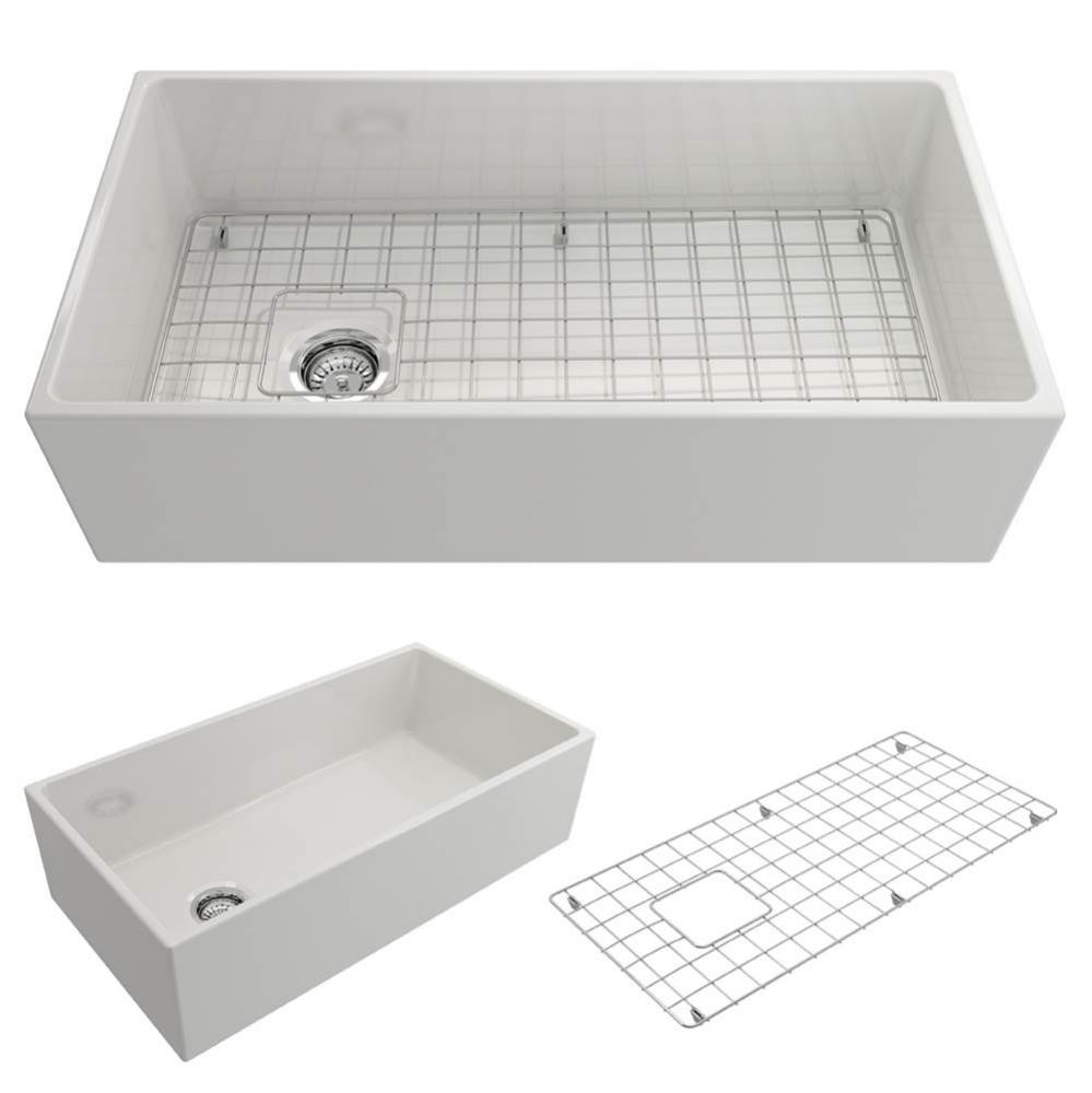 Contempo Apron Front Fireclay 36 in. Single Bowl Kitchen Sink with Protective Bottom Grid and Stra