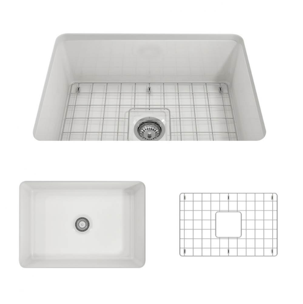 Sotto Dual-mount Fireclay 27 in. Single Bowl Kitchen Sink with Protective Bottom Grid and Strainer