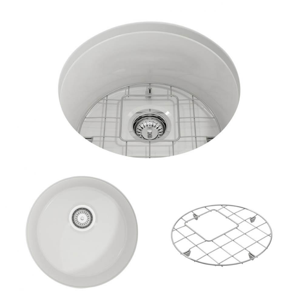 Sotto Round Dual-mount Fireclay 18.5 in. Single Bowl Bar Sink with Protective Bottom Grid and Stra