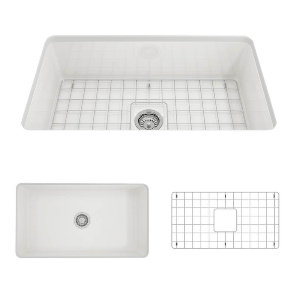 Sotto Dual-mount Fireclay 32 in. Single Bowl Kitchen Sink with Protective Bottom Grid and Strainer