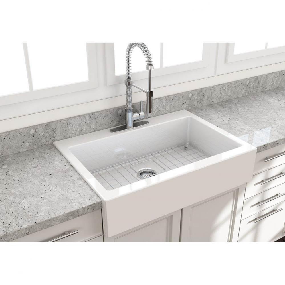 Nuova Apron Front Drop-In Fireclay 34 in. Single Bowl Kitchen Sink with Protective Bottom Grid and