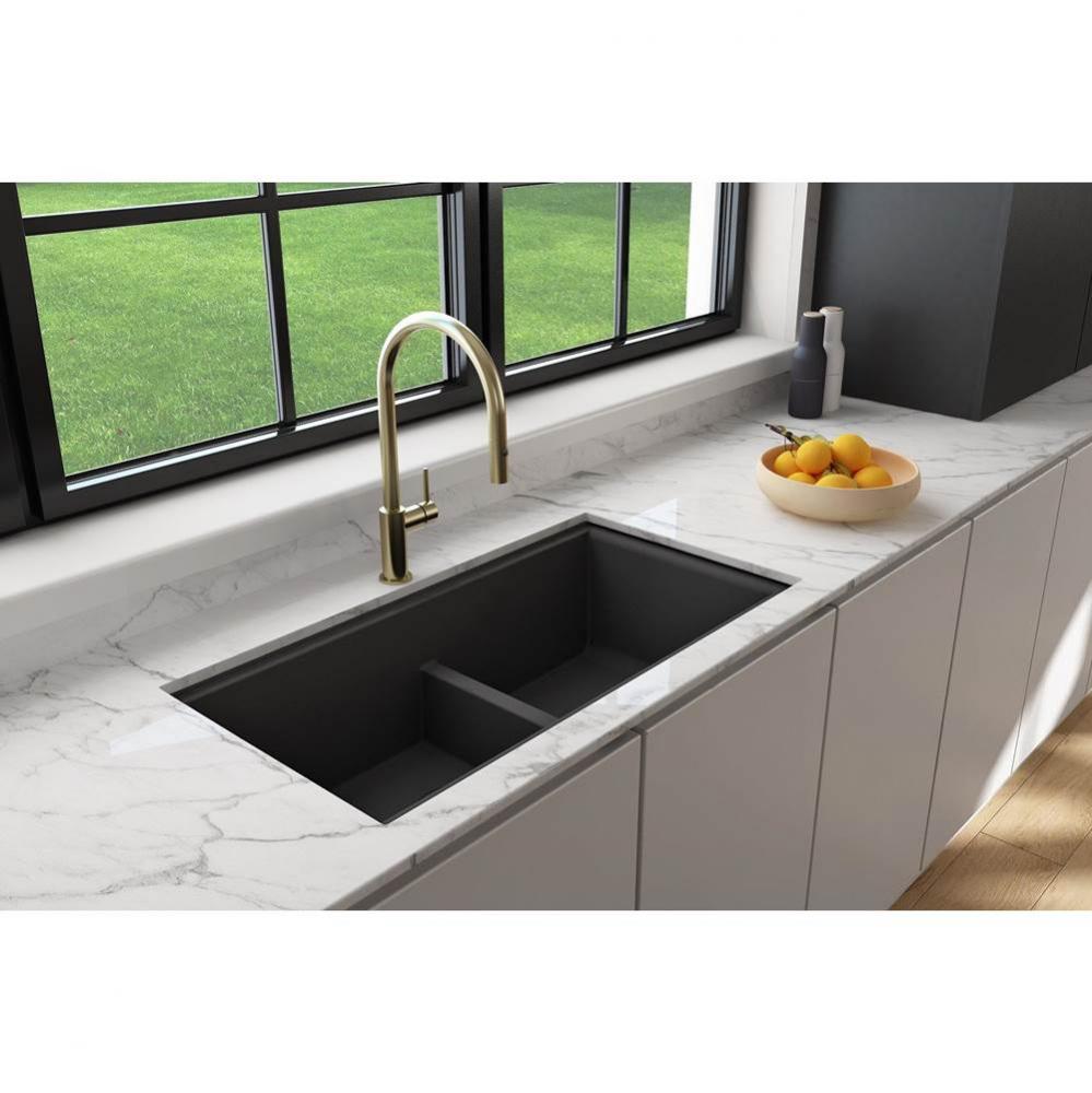 Baveno Lux Undermount 33&apos;&apos;. Double Bowl Granite Composite Kitchen Sink with Integrated W