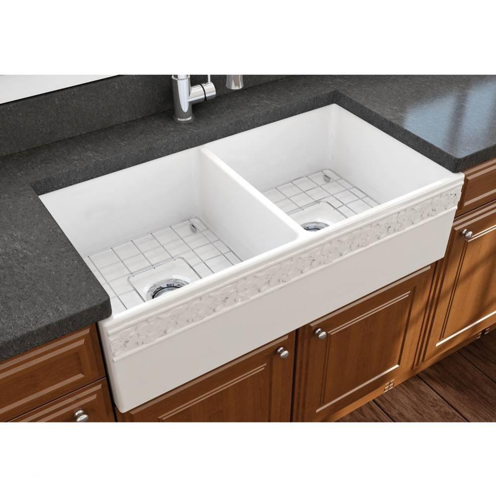 Vigneto Apron Front Fireclay 36 in. Double Bowl Kitchen Sink with Protective Bottom Grids and Stra