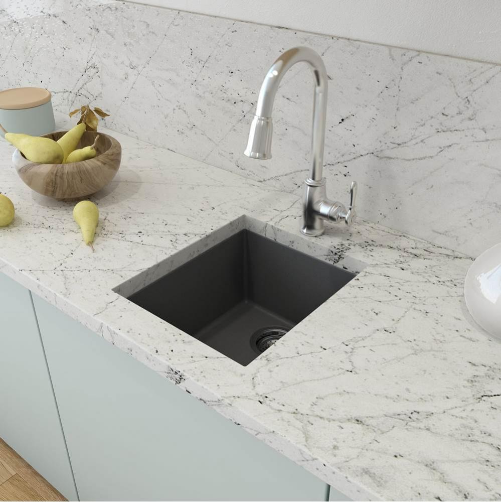 Campino Uno Dual Mount Granite Composite 16 in. Single Bowl Bar Sink with Strainer in Concrete Gra