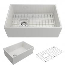 BOCCHI 1346-001-0120 - Contempo Apron Front Fireclay 30 in. Single Bowl Kitchen Sink with Protective Bottom Grid and Stra