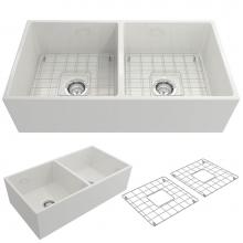 BOCCHI 1350-001-0120 - Contempo Apron Front Fireclay 36 in. Double Bowl Kitchen Sink with Protective Bottom Grids and Str