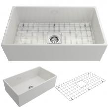 BOCCHI 1352-001-0120 - Contempo Apron Front Fireclay 33 in. Single Bowl Kitchen Sink with Protective Bottom Grid and Stra