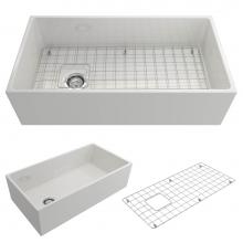 BOCCHI 1354-001-0120 - Contempo Apron Front Fireclay 36 in. Single Bowl Kitchen Sink with Protective Bottom Grid and Stra