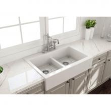 BOCCHI 1501-001-0127 - Nuova Apron Front Drop-In Fireclay 34 in. 50/50 Double Bowl Kitchen Sink with Protective Bottom Gr