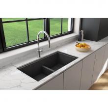 BOCCHI 1618-505-0126HP - Baveno Lux Undermount 33''. Double Bowl Granite Composite Kitchen Sink with Integrated W