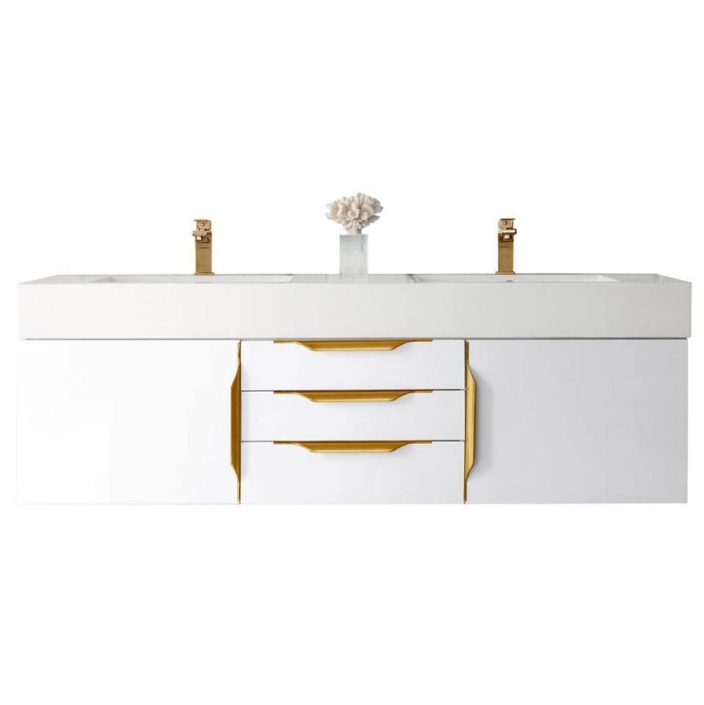 Columbia 59&apos;&apos; Double Wall Mount Vanity, Glossy White, Radiant Gold w/ Glossy White Compo