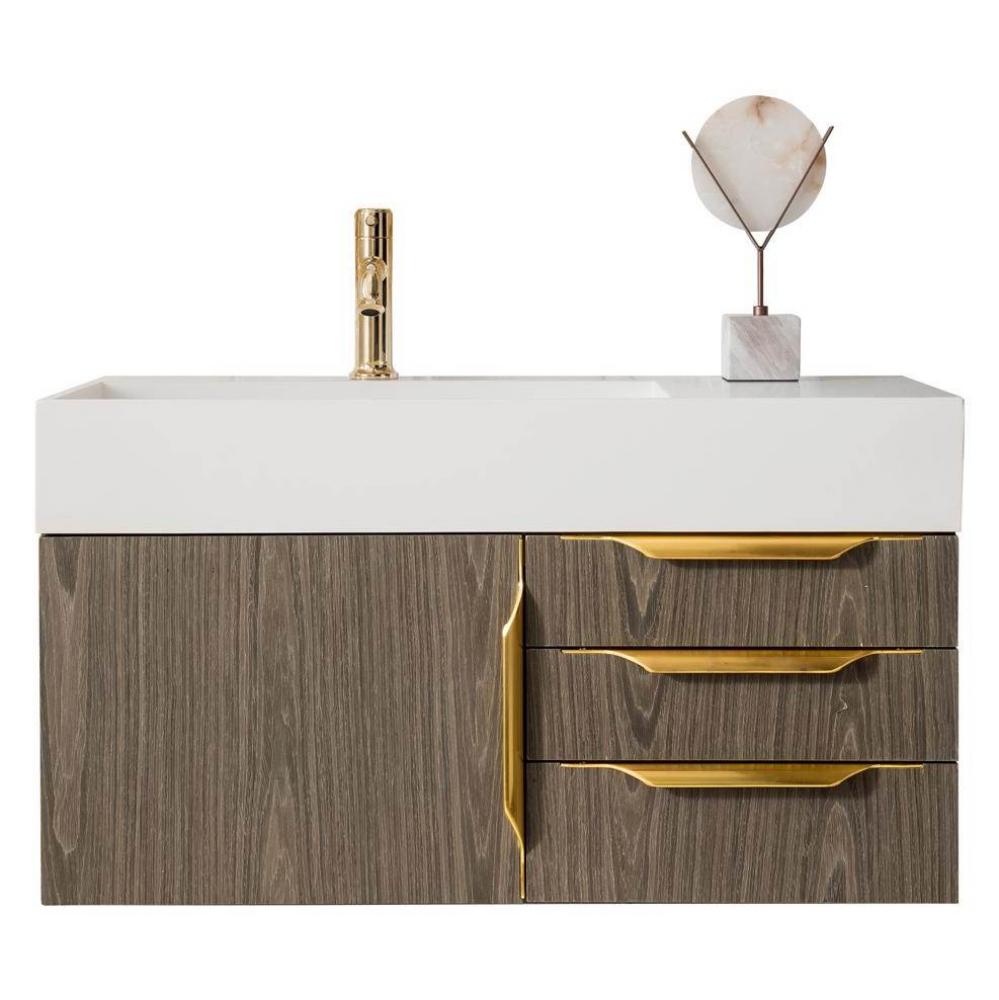 Columbia 36&apos;&apos; Single Wall Mount Vanity, Ash Gray, Radiant Gold w/ Glossy White Composite