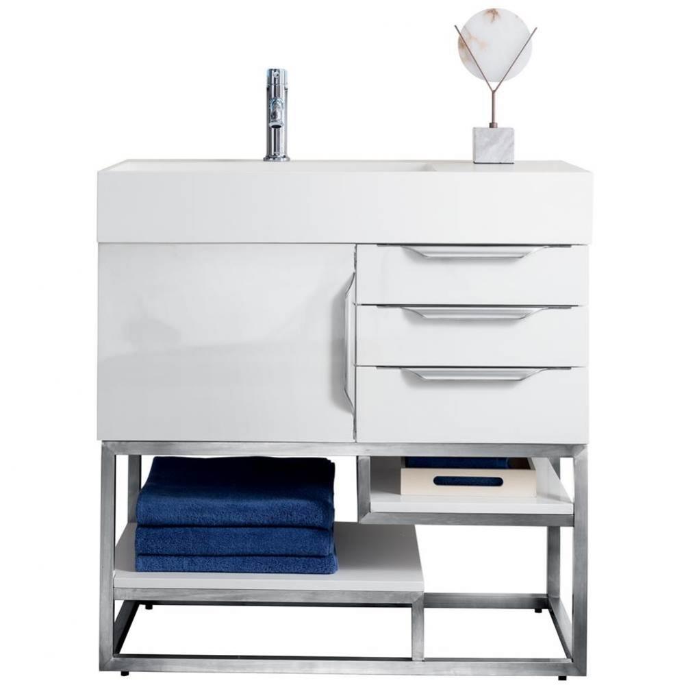 Columbia 36&apos;&apos; Single Vanity, Glossy White, Brushed Nickel w/ Glossy White Composite Ston