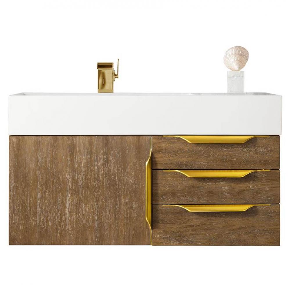 Columbia 36&apos;&apos; Single Wall Mount Vanity, Latte Oak, Radiant Gold w/ Glossy White Composit