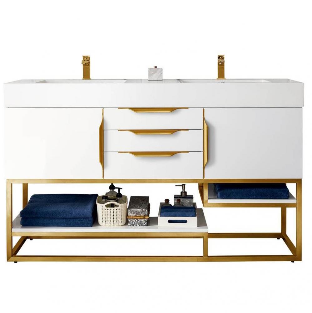 Columbia 59&apos;&apos; Double Vanity, Glossy White, Radiant Gold w/ Glossy White Composite Stone