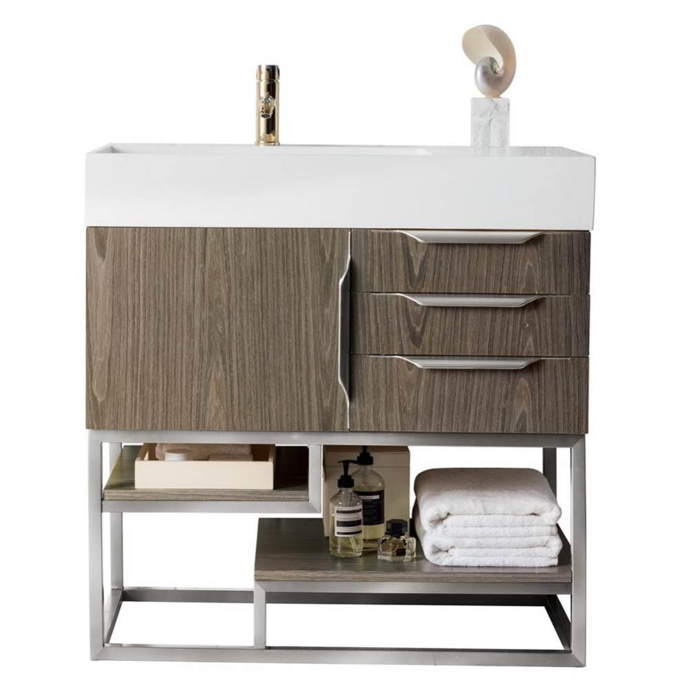 Columbia 36&apos;&apos; Single Vanity, Ash Gray, Brushed Nickel w/ Glossy White Composite Stone To