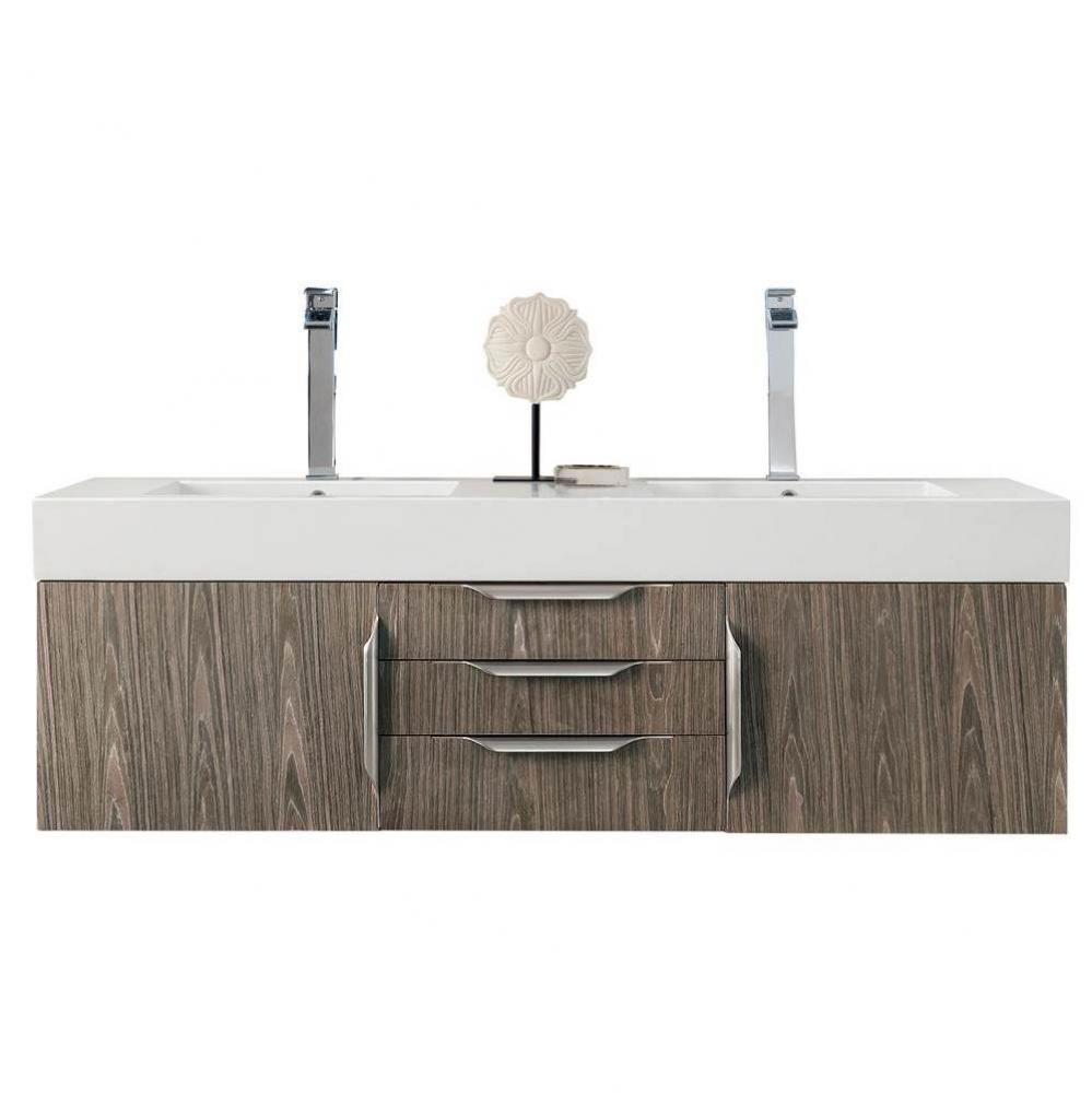 Columbia 59&apos;&apos; Double Wall Mount Vanity, Ash Gray, Brushed Nickel w/ Glossy White Composi