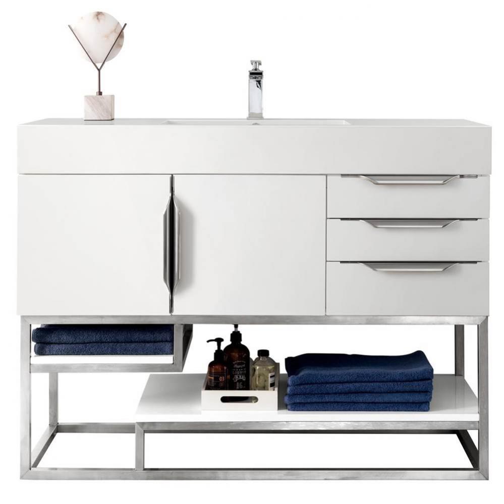 Columbia 48&apos;&apos; Single Vanity, Glossy White, Brushed Nickel w/ Glossy White Composite Ston