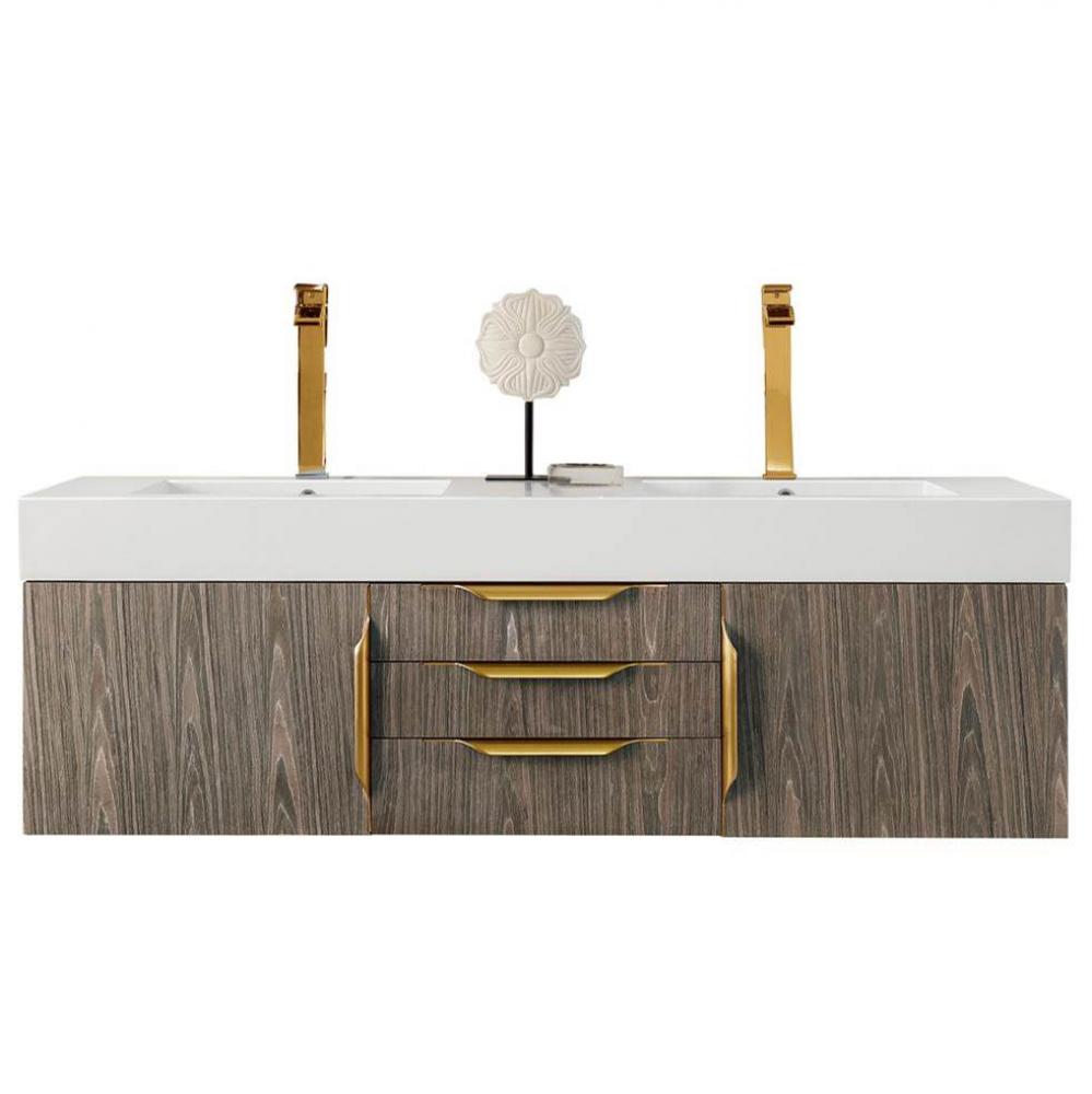 Columbia 59&apos;&apos; Double Wall Mount Vanity, Ash Gray, Radiant Gold w/ Glossy White Composite