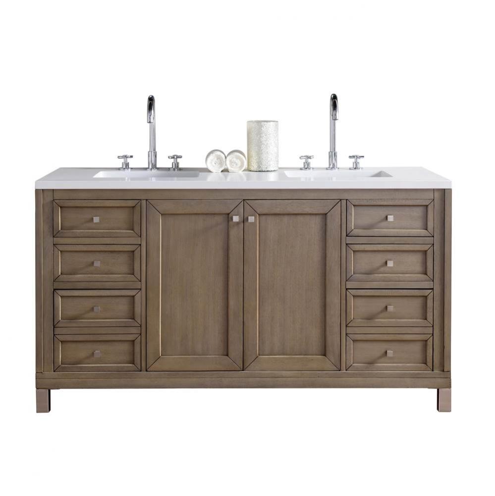 Chicago 60&apos;&apos; Double Vanity, Whitewashed Walnut w/ 3 CM White Zeus Quartz Top