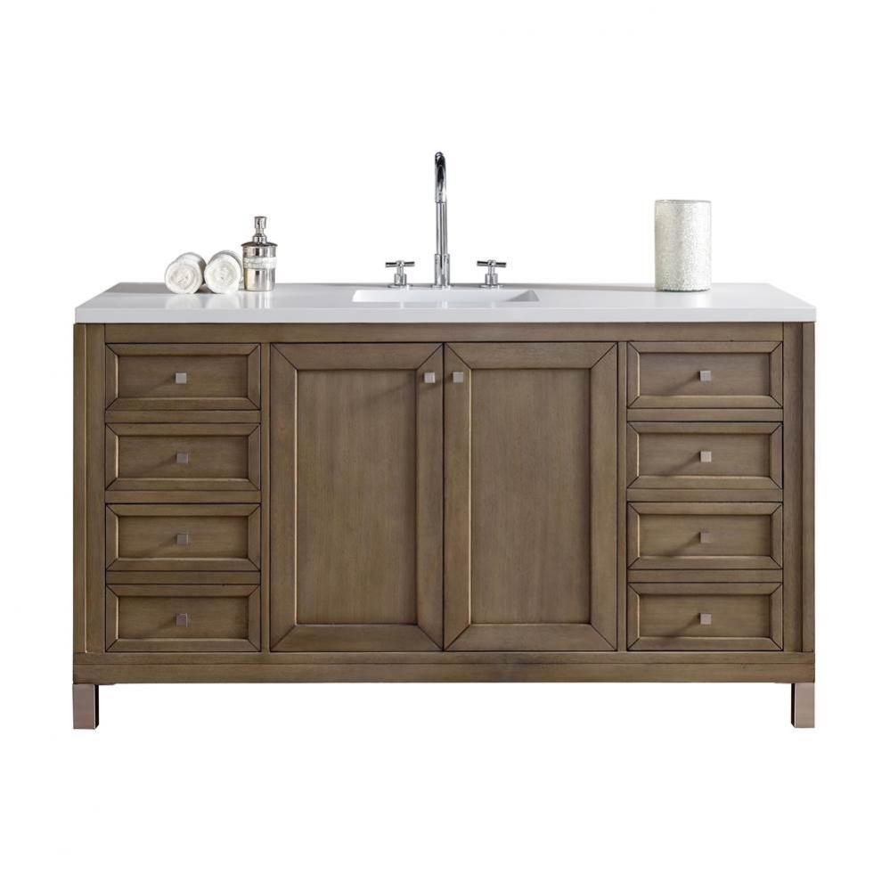 Chicago 60&apos;&apos; Single Vanity, Whitewashed Walnut w/ 3 CM White Zeus Quartz Top