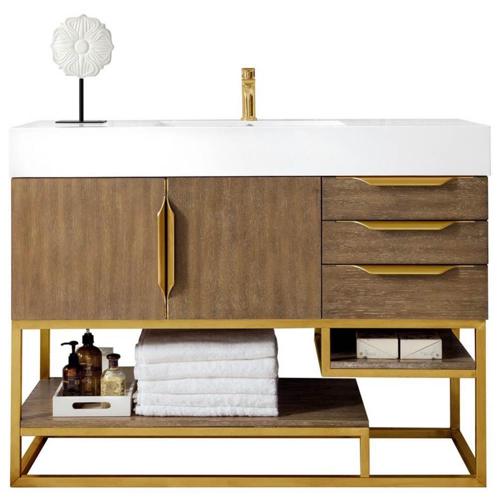 Columbia 48&apos;&apos; Single Vanity, Latte Oak, Radiant Gold w/ Glossy White Composite Stone Top