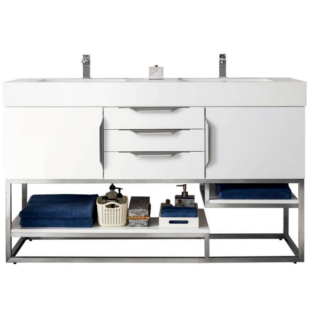 Columbia 59&apos;&apos; Double Vanity, Glossy White, Brushed Nickel  w/ Glossy White Composite Sto