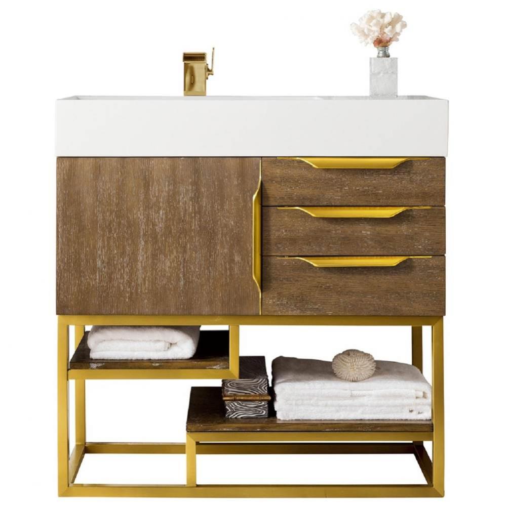 Columbia 36&apos;&apos; Single Vanity, Latte Oak, Radiant Gold w/ Glossy White Composite Stone Top