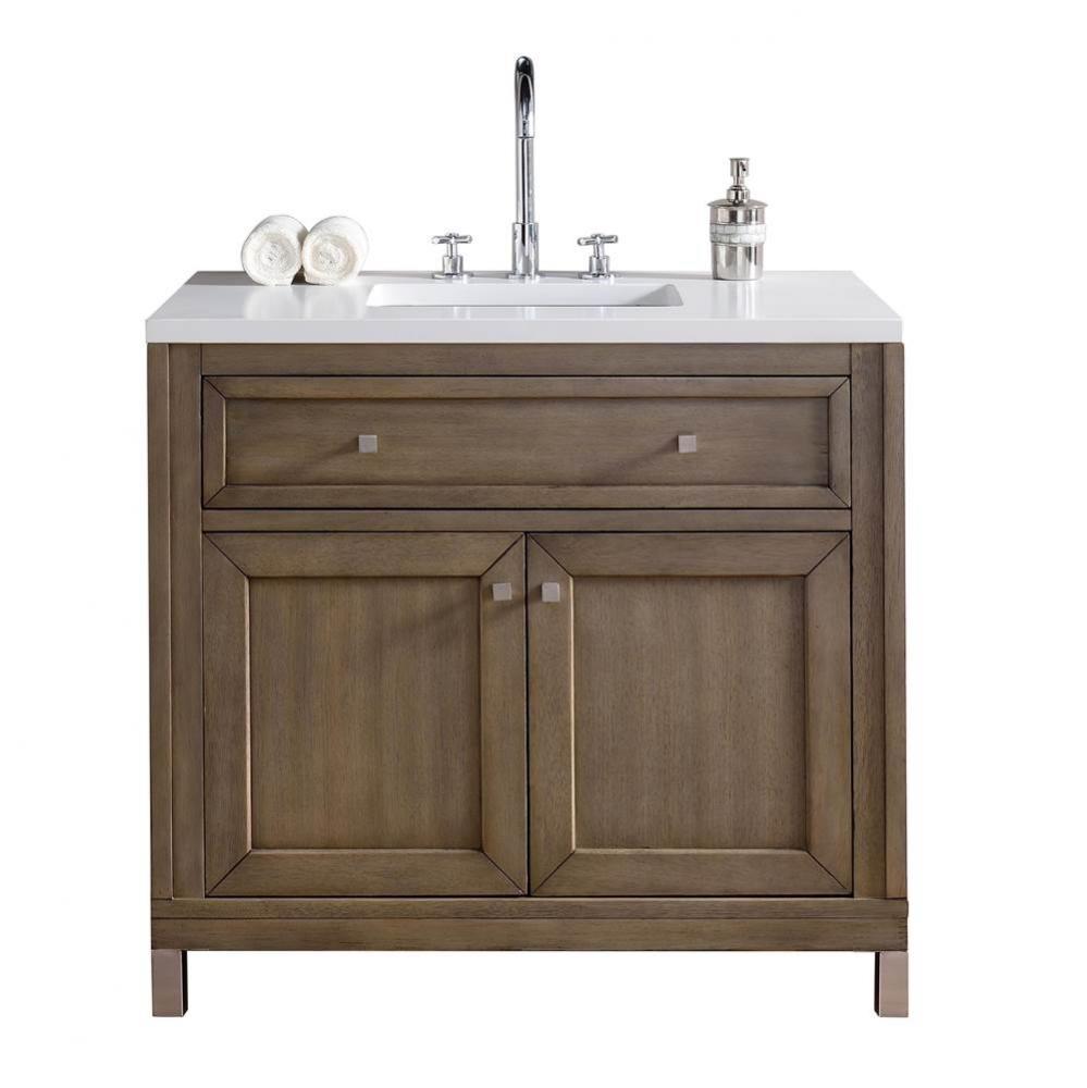 Chicago 36&apos;&apos; Single Vanity, Whitewashed Walnut w/ 3 CM White Zeus Quartz Top