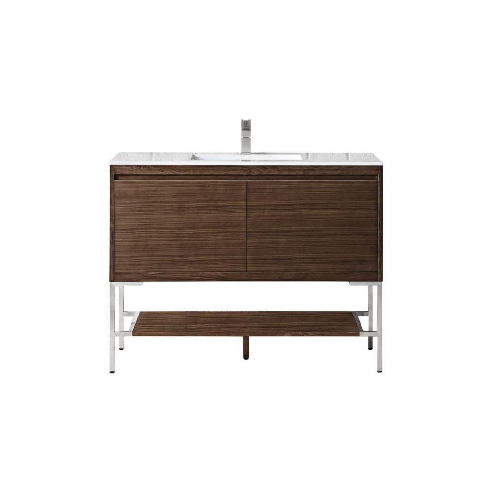 Mantova 47.3&apos;&apos; Single Vanity, Mid-Century Walnut, Brushed Nickel Base w/ Glossy White Co