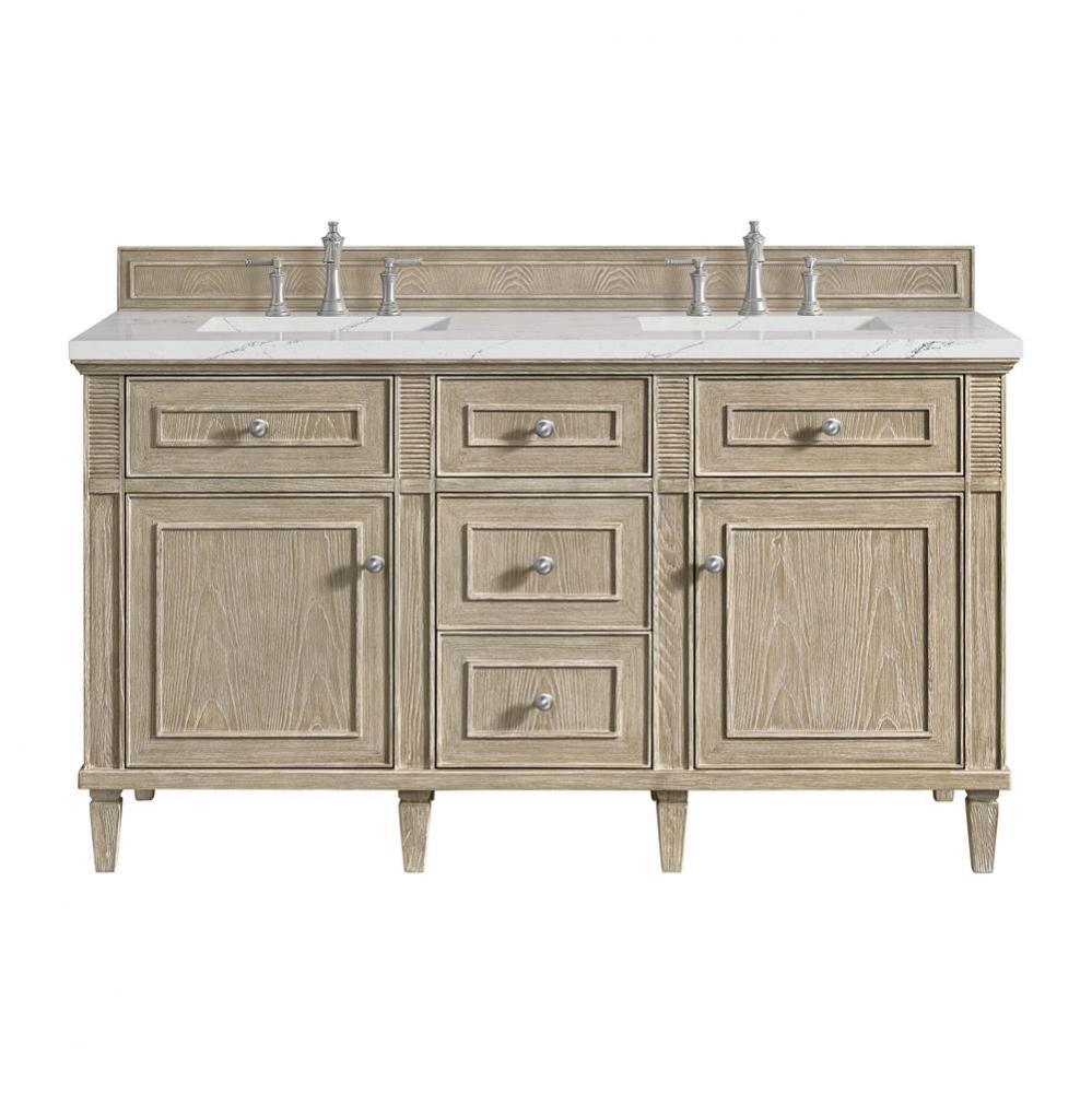 Lorelai 60&apos;&apos; Double Vanity, Whitewashed Oak w/ 3 CM Ethereal Noctis Quartz Top