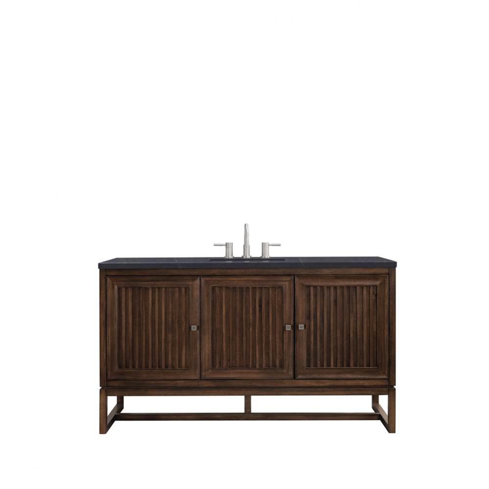 Athens 60&apos;&apos; Single Vanity Cabinet , Mid Century Acacia, w/ 3 CM Charcoal Soapstone Quart