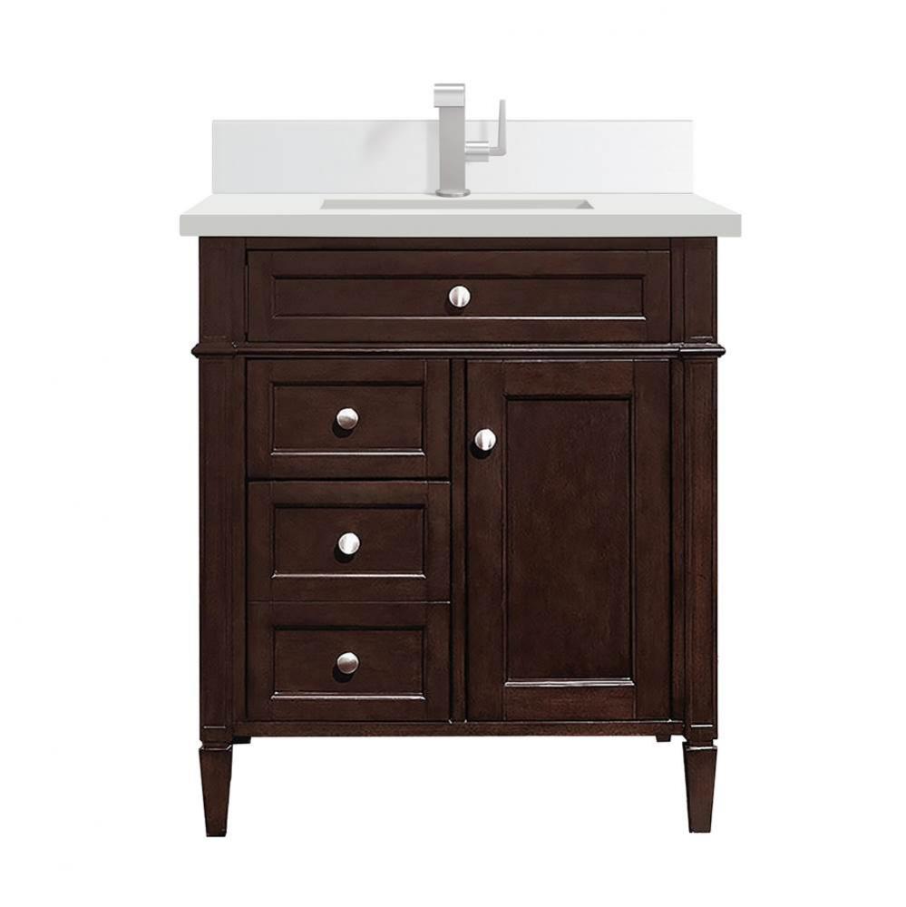 Brittany 30&apos;&apos; Single Vanity, Burnished Mahogany, w/ Single Hole 3 CM White Zeus Quartz T