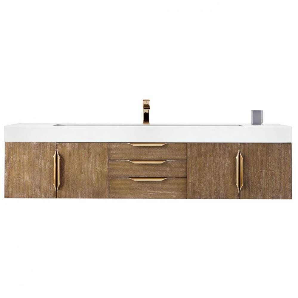 Columbia 72&apos;&apos; Single Wall Mount Vanity, Latte Oak, Radiant Gold w/ Glossy White Composit