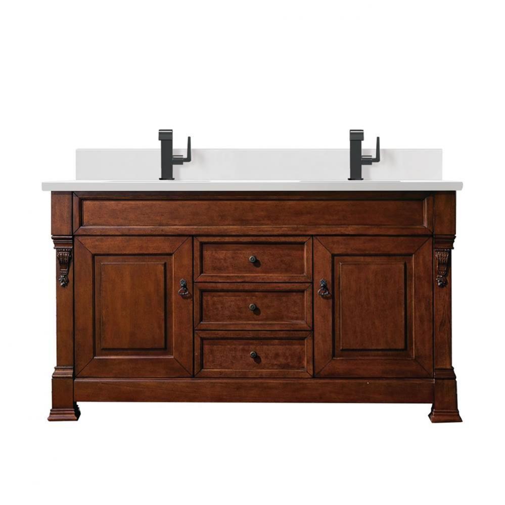 Brookfield 60&apos;&apos; Double Vanity, Warm Cherry w/ Single Hole 3 CM White Zeus Quartz Top &am